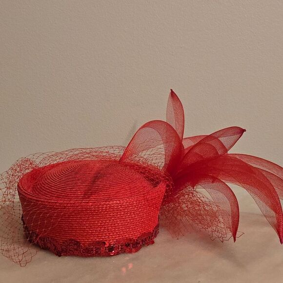 Vintage Red Pillbox Formal Bridal Hat with Mesh Derby Church - Picture 3 of 8